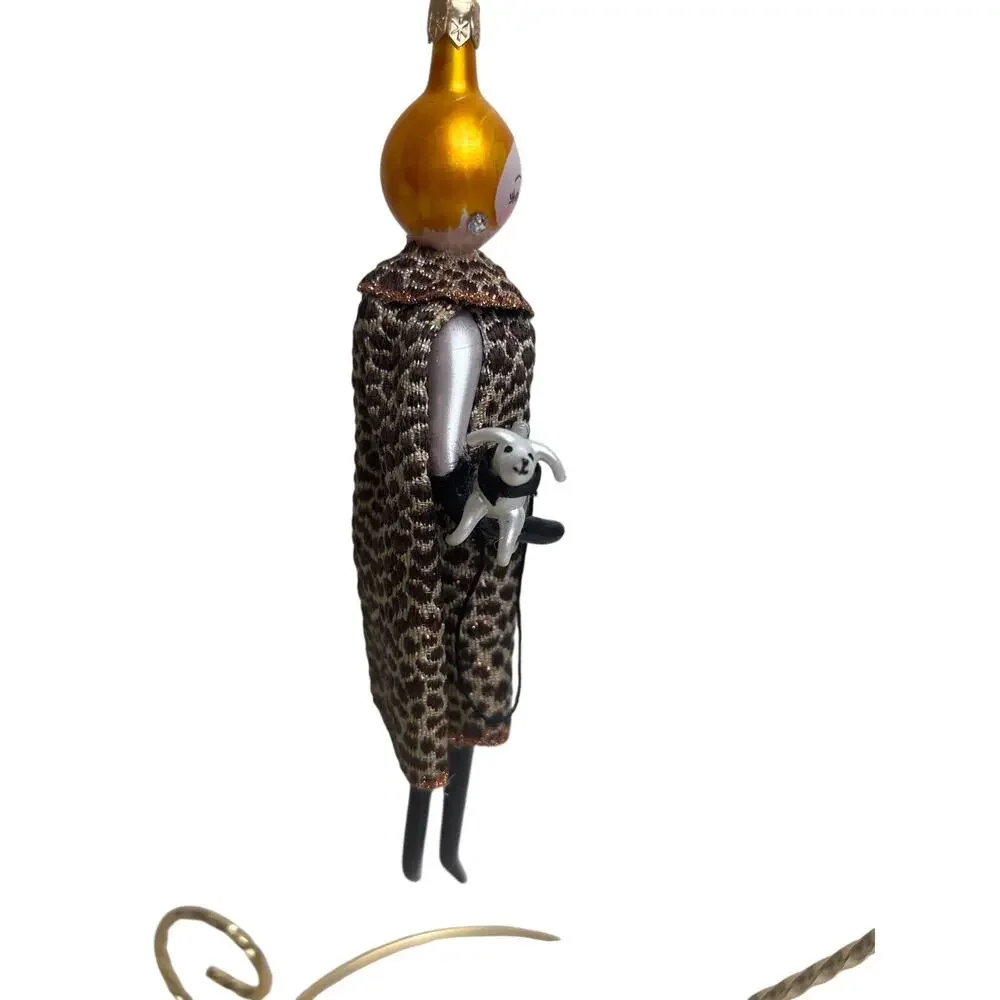 De Carlini Bergdorf Goodman Glass Ornament Leopard Coat Lady Dog Italy w/ BG Box